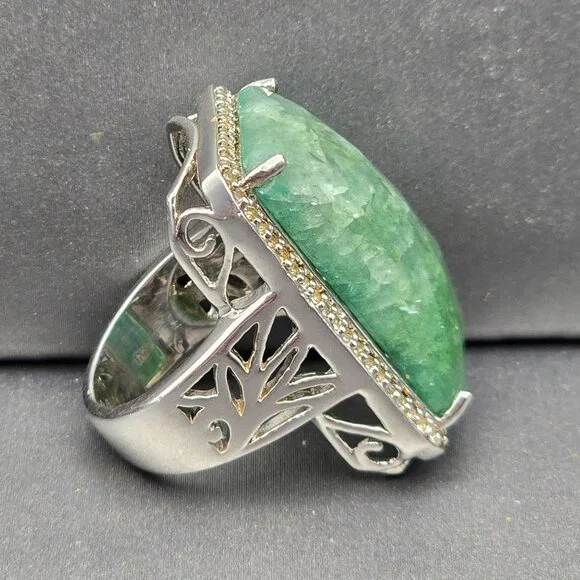 Sterling & Tourmaline Ring Size 6 Quartz Accents Ornate Cutouts 13.4g Signed QJ - Picture 3 of 14